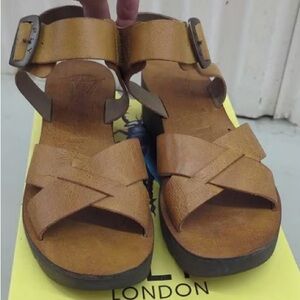 Fly London Cognac Leather Yera Platform Sandals Size 39 New with Box